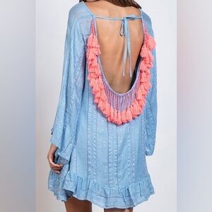 Sundress Indiana Petra Sequin Blue Pink Tassel Open Back Dress Size XS Small